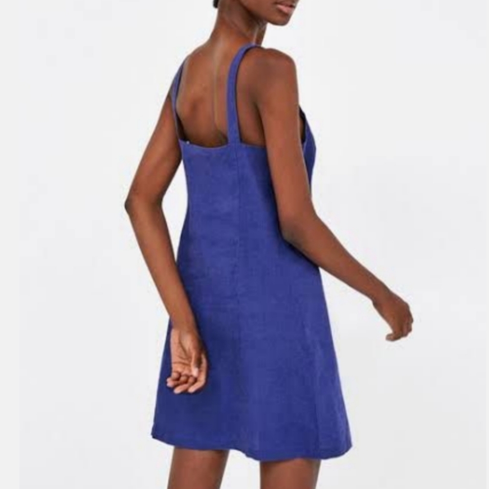 Zara Blue V Neck Button Front Linen Cotton Summer Beach Mini Dress - Picture 2 of 6